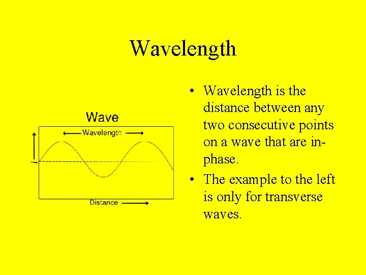 Wavelength • Wavelength is the distance between any two consecutive points on a wave