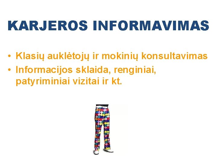 KARJEROS INFORMAVIMAS • Klasių auklėtojų ir mokinių konsultavimas • Informacijos sklaida, renginiai, patyriminiai vizitai