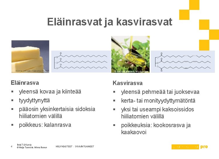 Eläinrasvat ja kasvirasvat Eläinrasva § yleensä kovaa ja kiinteää Kasvirasva § yleensä pehmeää tai