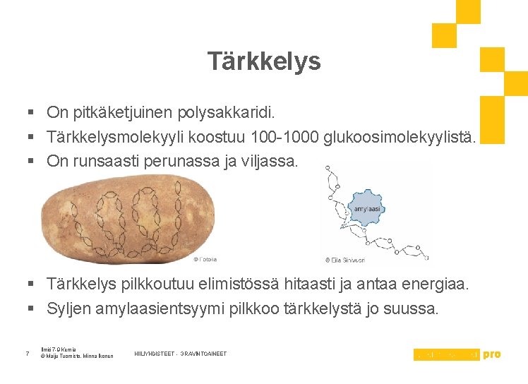 Tärkkelys § On pitkäketjuinen polysakkaridi. § Tärkkelysmolekyyli koostuu 100 -1000 glukoosimolekyylistä. § On runsaasti