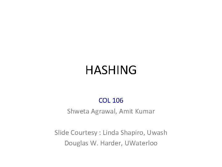 HASHING COL 106 Shweta Agrawal, Amit Kumar Slide Courtesy : Linda Shapiro, Uwash Douglas HASHING COL 106 Shweta Agrawal, Amit Kumar Slide Courtesy : Linda Shapiro, Uwash Douglas