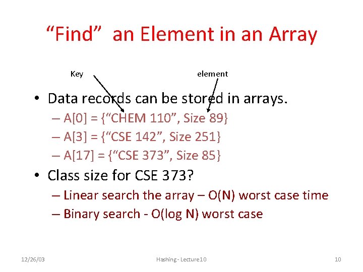 “Find” an Element in an Array Key element • Data records can be stored “Find” an Element in an Array Key element • Data records can be stored