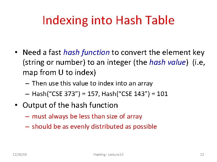 Indexing into Hash Table • Need a fast hash function to convert the element Indexing into Hash Table • Need a fast hash function to convert the element