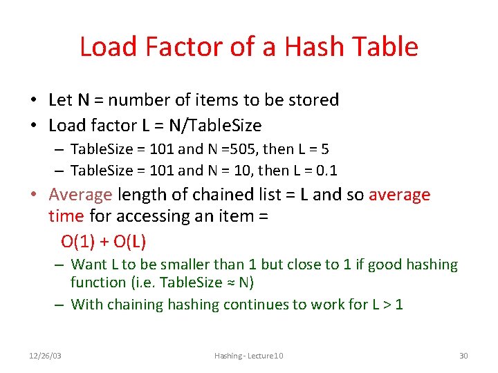 Load Factor of a Hash Table • Let N = number of items to Load Factor of a Hash Table • Let N = number of items to