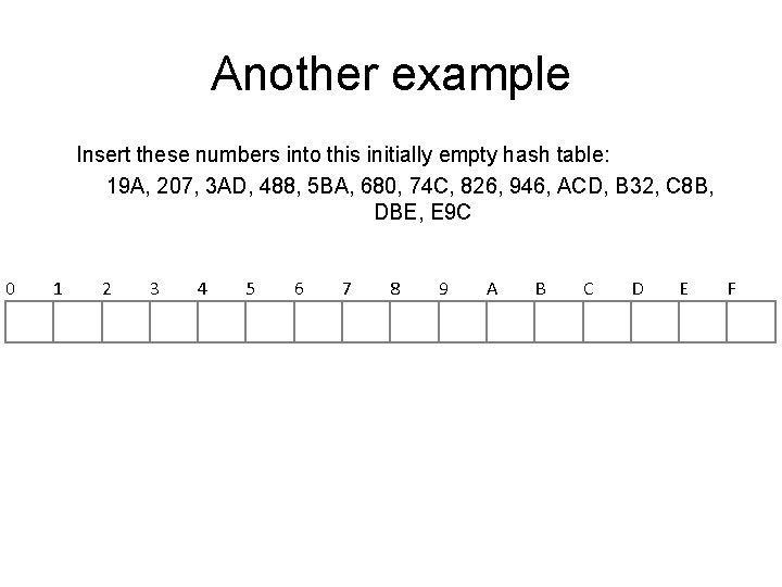 Another example Insert these numbers into this initially empty hash table: 19 A, 207, Another example Insert these numbers into this initially empty hash table: 19 A, 207,