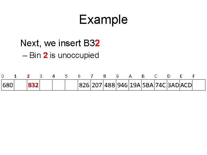Example Next, we insert B 32 – Bin 2 is unoccupied 0 680 1 Example Next, we insert B 32 – Bin 2 is unoccupied 0 680 1