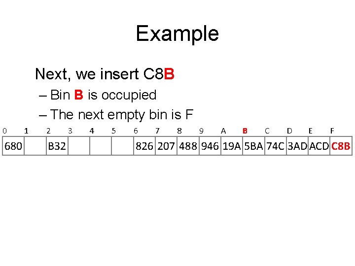 Example Next, we insert C 8 B – Bin B is occupied – The Example Next, we insert C 8 B – Bin B is occupied – The