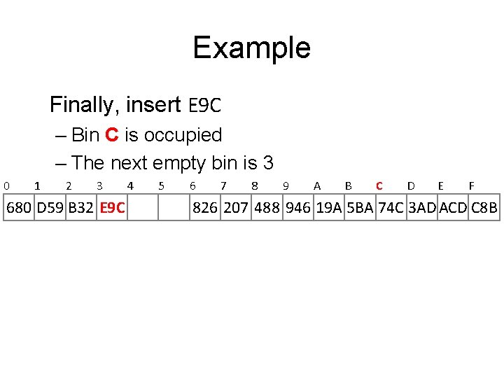 Example Finally, insert E 9 C – Bin C is occupied – The next Example Finally, insert E 9 C – Bin C is occupied – The next