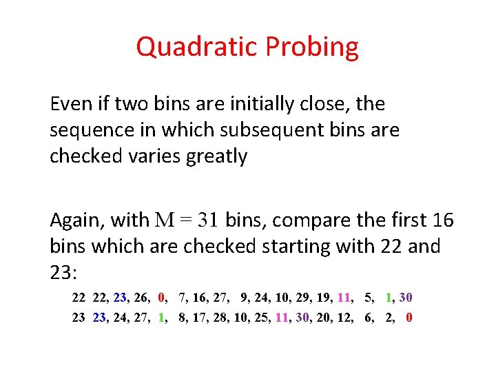 Quadratic Probing Even if two bins are initially close, the sequence in which subsequent Quadratic Probing Even if two bins are initially close, the sequence in which subsequent
