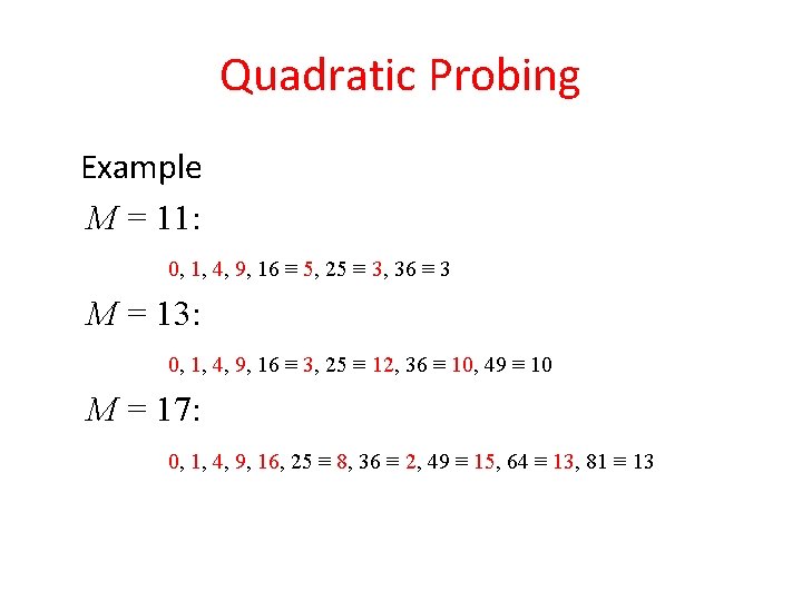 Quadratic Probing Example M = 11: 0, 1, 4, 9, 16 ≡ 5, 25 Quadratic Probing Example M = 11: 0, 1, 4, 9, 16 ≡ 5, 25