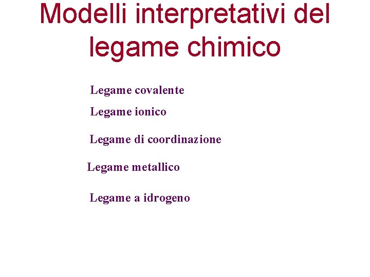 Modelli interpretativi del legame chimico Legame covalente Legame ionico Legame di coordinazione Legame metallico