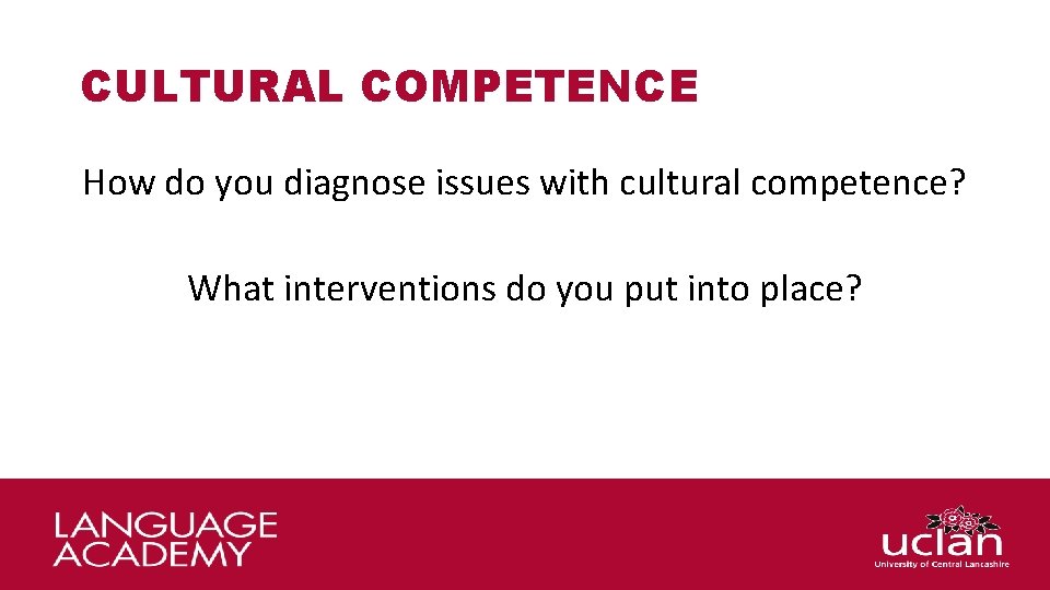 CULTURAL COMPETENCE How do you diagnose issues with cultural competence? What interventions do you