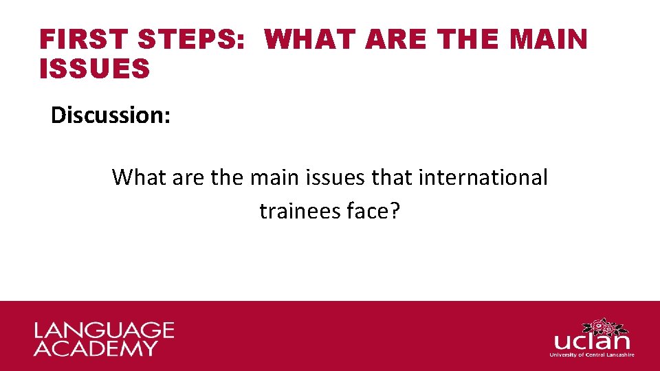 FIRST STEPS: WHAT ARE THE MAIN ISSUES Discussion: What are the main issues that