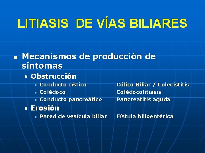 LITIASIS DE VÍAS BILIARES n Mecanismos de producción de síntomas • Obstrucción n Conducto