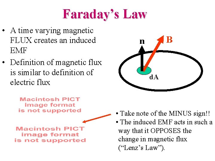 Faraday’s Law • A time varying magnetic FLUX creates an induced EMF • Definition