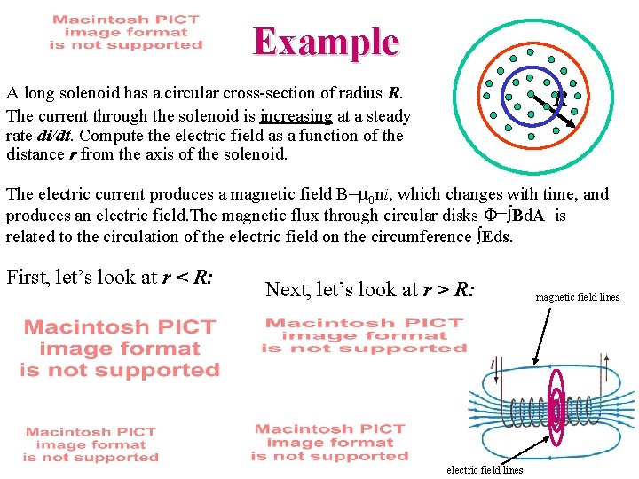 Example A long solenoid has a circular cross-section of radius R. The current through