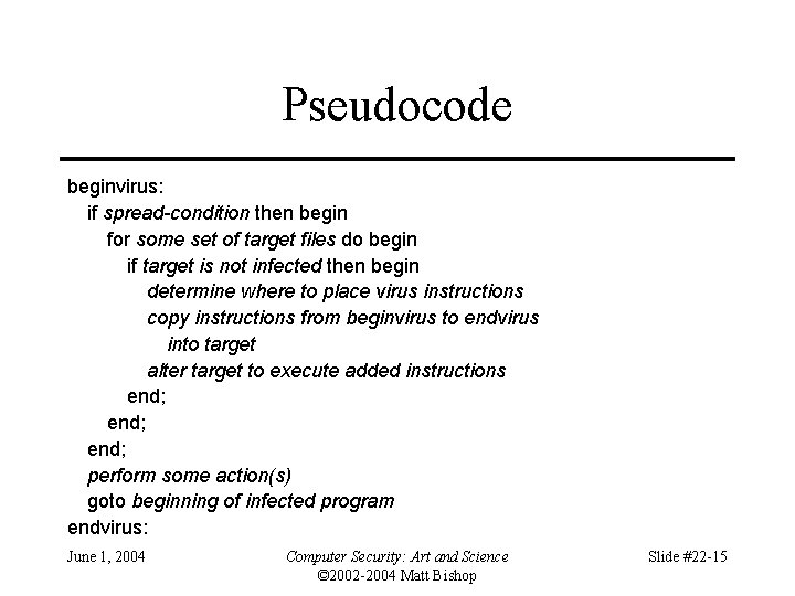 Pseudocode beginvirus: if spread-condition then begin for some set of target files do begin