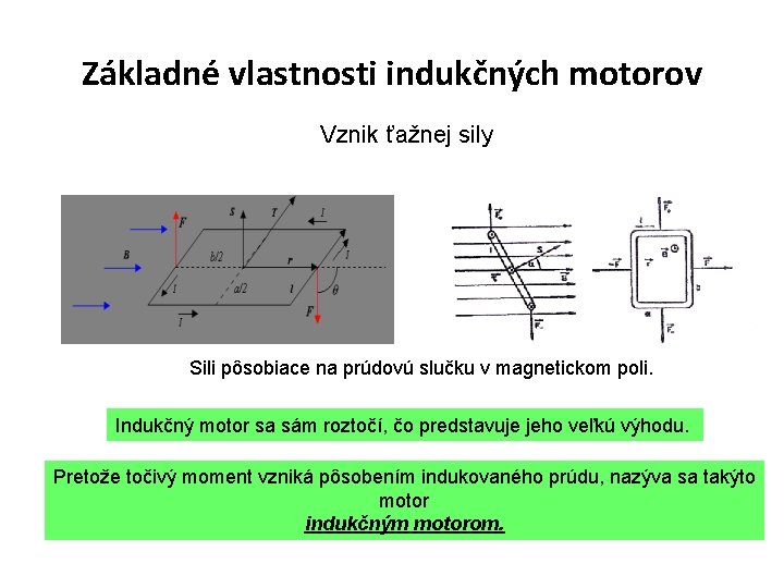 Základné vlastnosti indukčných motorov Vznik ťažnej sily Sili pôsobiace na prúdovú slučku v magnetickom Základné vlastnosti indukčných motorov Vznik ťažnej sily Sili pôsobiace na prúdovú slučku v magnetickom