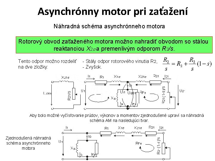 Asynchrónny motor pri zaťažení Náhradná schéma asynchrónneho motora Rotorový obvod zaťaženého motora možno nahradiť Asynchrónny motor pri zaťažení Náhradná schéma asynchrónneho motora Rotorový obvod zaťaženého motora možno nahradiť