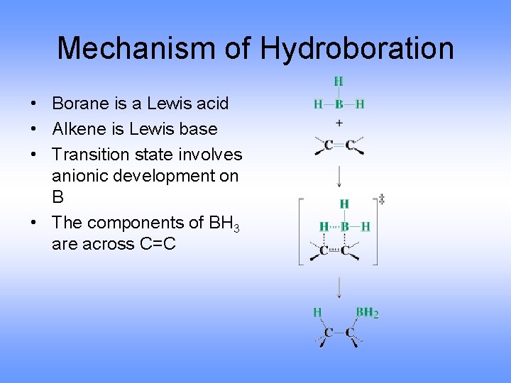 Mechanism of Hydroboration • Borane is a Lewis acid • Alkene is Lewis base