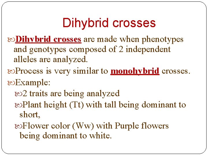 Dihybrid crosses are made when phenotypes and genotypes composed of 2 independent alleles are