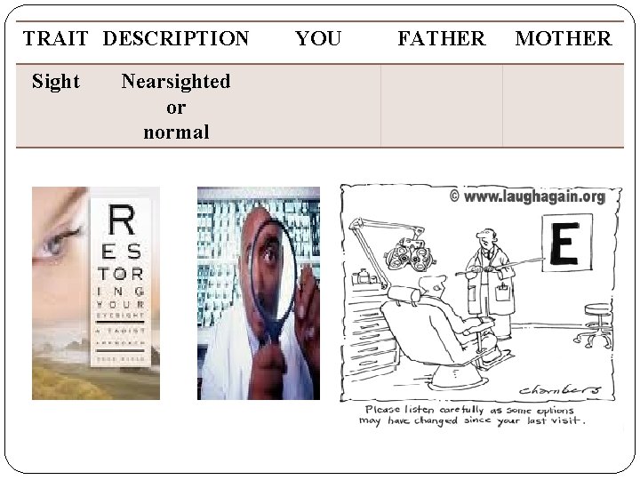 TRAIT DESCRIPTION Sight Nearsighted or normal YOU FATHER MOTHER 