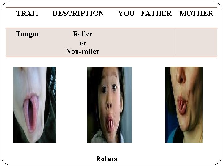 TRAIT Tongue DESCRIPTION Roller or Non-roller Rollers YOU FATHER MOTHER 