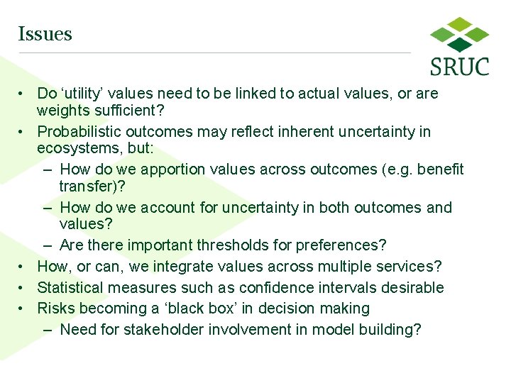 Issues • Do ‘utility’ values need to be linked to actual values, or are