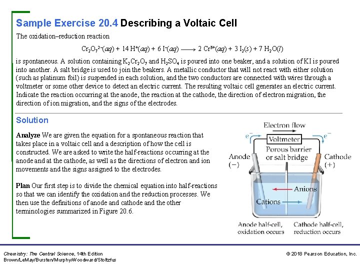 Sample Exercise 20. 4 Describing a Voltaic Cell The oxidation–reduction reaction Cr 2 O