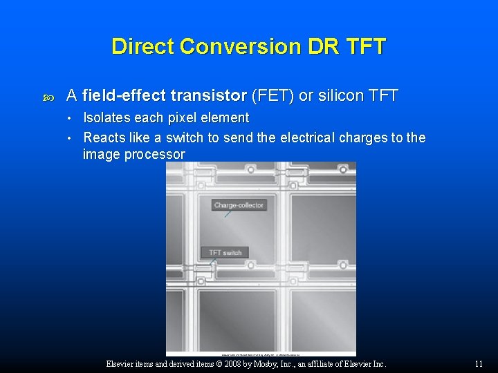 Direct Conversion DR TFT A field-effect transistor (FET) or silicon TFT Isolates each pixel