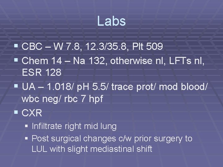 Labs § CBC – W 7. 8, 12. 3/35. 8, Plt 509 § Chem