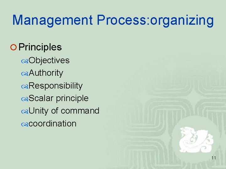 Management Process: organizing ¡ Principles Objectives Authority Responsibility Scalar principle Unity of command coordination Management Process: organizing ¡ Principles Objectives Authority Responsibility Scalar principle Unity of command coordination