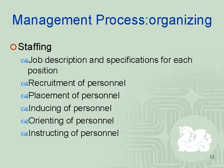 Management Process: organizing ¡ Staffing Job description and specifications for each position Recruitment of Management Process: organizing ¡ Staffing Job description and specifications for each position Recruitment of