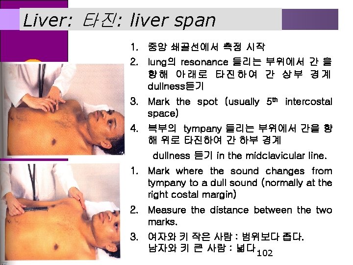 Liver: 타진: liver span 2 1. 중앙 쇄골선에서 측정 시작 2. lung의 resonance 들리는