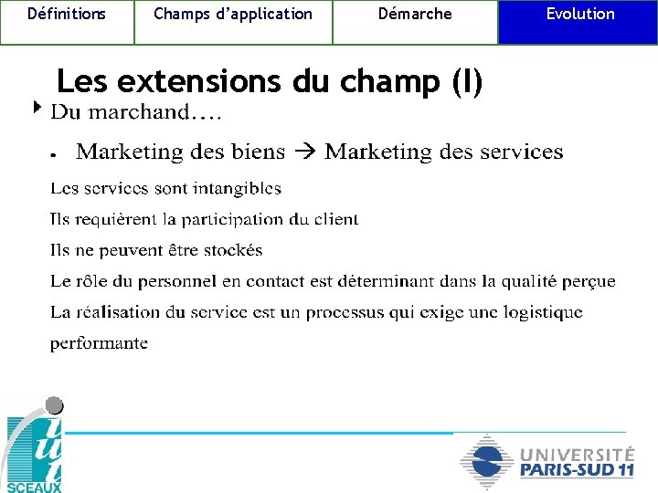 Définitions Champs d’application Démarche Les extensions du champ (I) Evolution 