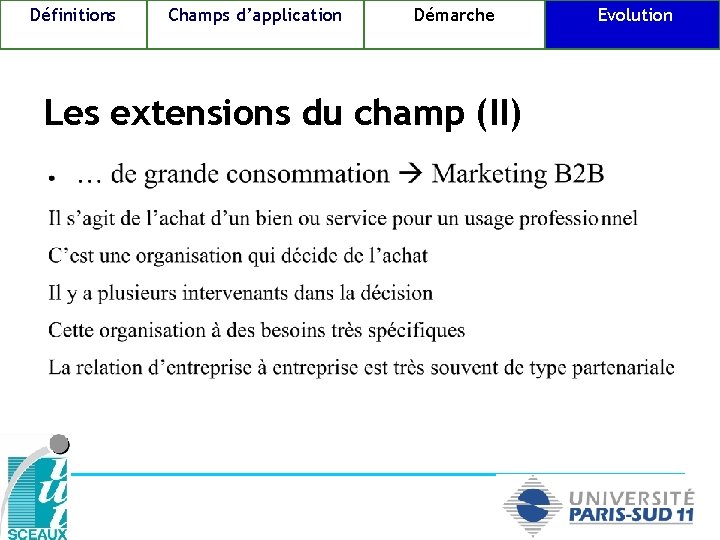 Définitions Champs d’application Démarche Les extensions du champ (II) Evolution 