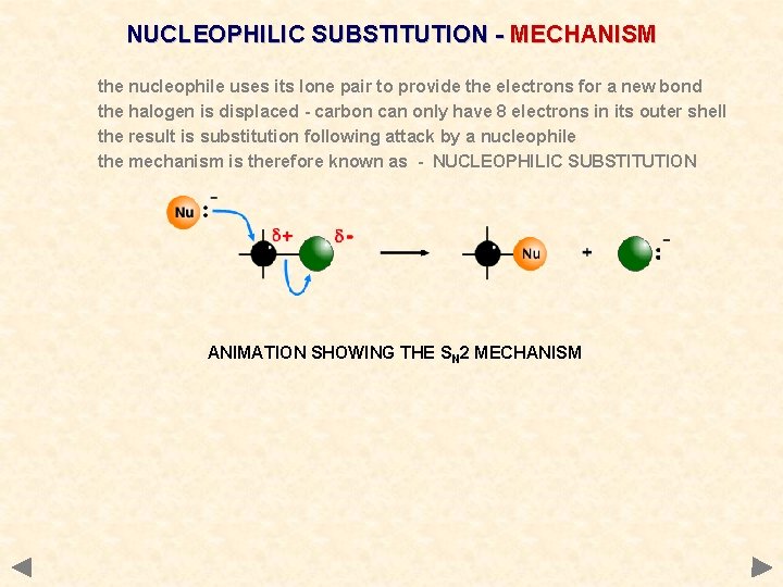 NUCLEOPHILIC SUBSTITUTION - MECHANISM the nucleophile uses its lone pair to provide the electrons