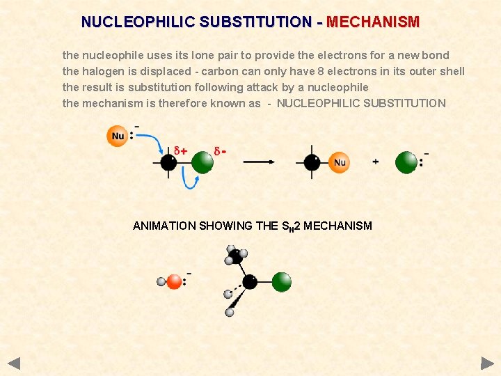 NUCLEOPHILIC SUBSTITUTION - MECHANISM the nucleophile uses its lone pair to provide the electrons