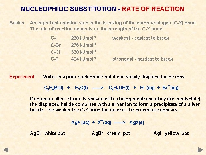 NUCLEOPHILIC SUBSTITUTION - RATE OF REACTION Basics An important reaction step is the breaking