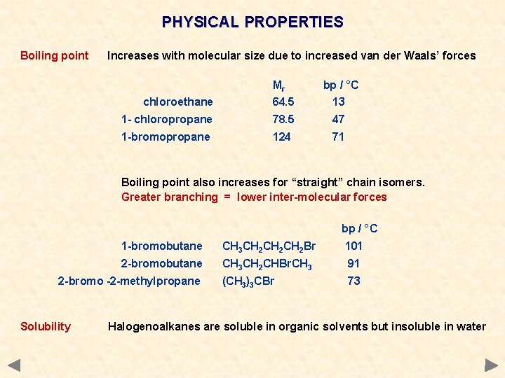 PHYSICAL PROPERTIES Boiling point Increases with molecular size due to increased van der Waals’