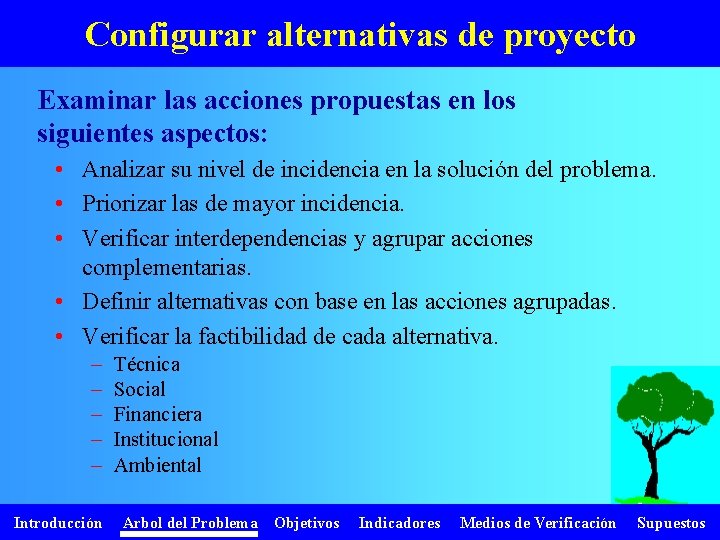 Configurar alternativas de proyecto Examinar las acciones propuestas en los siguientes aspectos: • Analizar