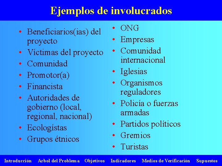 Ejemplos de involucrados • Beneficiarios(ias) del proyecto • Víctimas del proyecto • Comunidad •