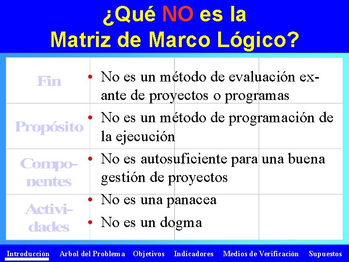 ¿Qué NO es la Matriz de Marco Lógico? • No es un método de