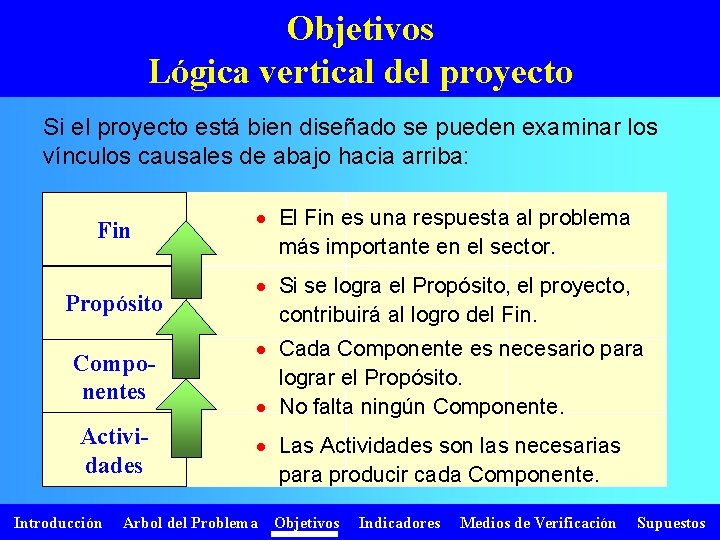 Objetivos Lógica vertical del proyecto Si el proyecto está bien diseñado se pueden examinar