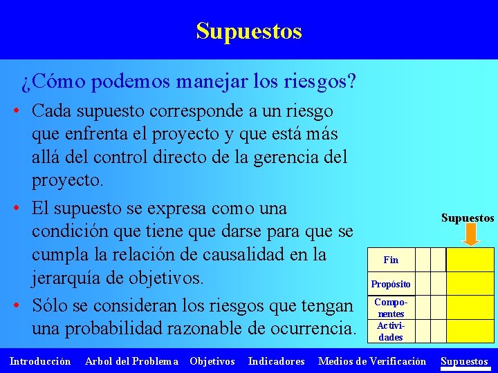 Supuestos ¿Cómo podemos manejar los riesgos? • Cada supuesto corresponde a un riesgo que