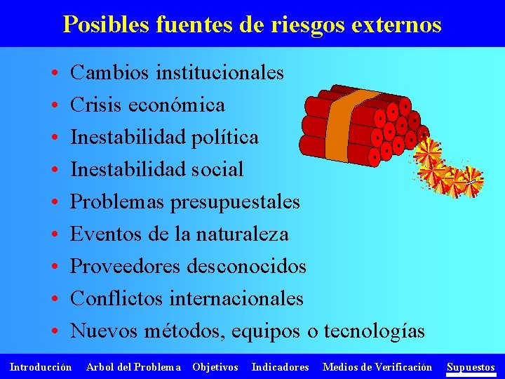 Posibles fuentes de riesgos externos • • • Cambios institucionales Crisis económica Inestabilidad política