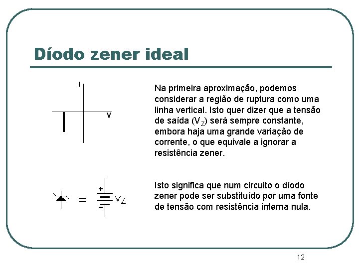 Díodo zener ideal I V Na primeira aproximação, podemos considerar a região de ruptura Díodo zener ideal I V Na primeira aproximação, podemos considerar a região de ruptura