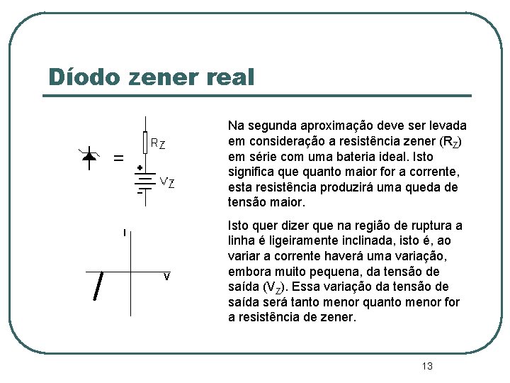 Díodo zener real Na segunda aproximação deve ser levada em consideração a resistência zener Díodo zener real Na segunda aproximação deve ser levada em consideração a resistência zener