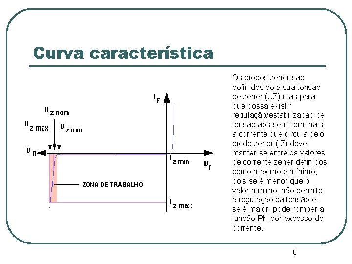 Curva característica ZONA DE TRABALHO Os díodos zener são definidos pela sua tensão de Curva característica ZONA DE TRABALHO Os díodos zener são definidos pela sua tensão de