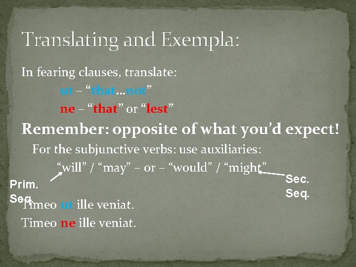 Translating and Exempla: In fearing clauses, translate: ut – “that…not” ne – “that” or